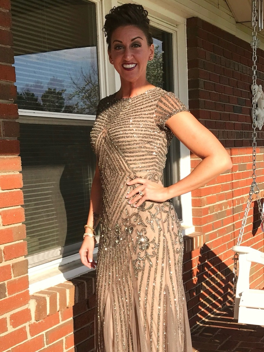 Adrianna Papell Taupe Beaded Formal Gown